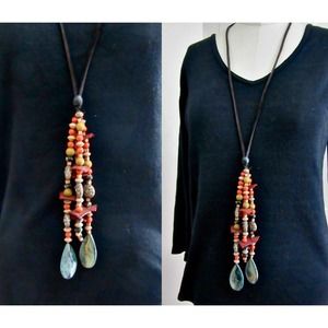 Large Bead Necklace Long  Glass Wood Ceramic Metal